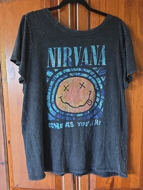 NIRVANA Black Tee with Blue and Orange Smiley Graphic